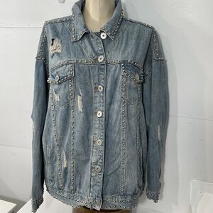 Vici Distressed Blue Denim Jacket with Studs Glam Rocker Large